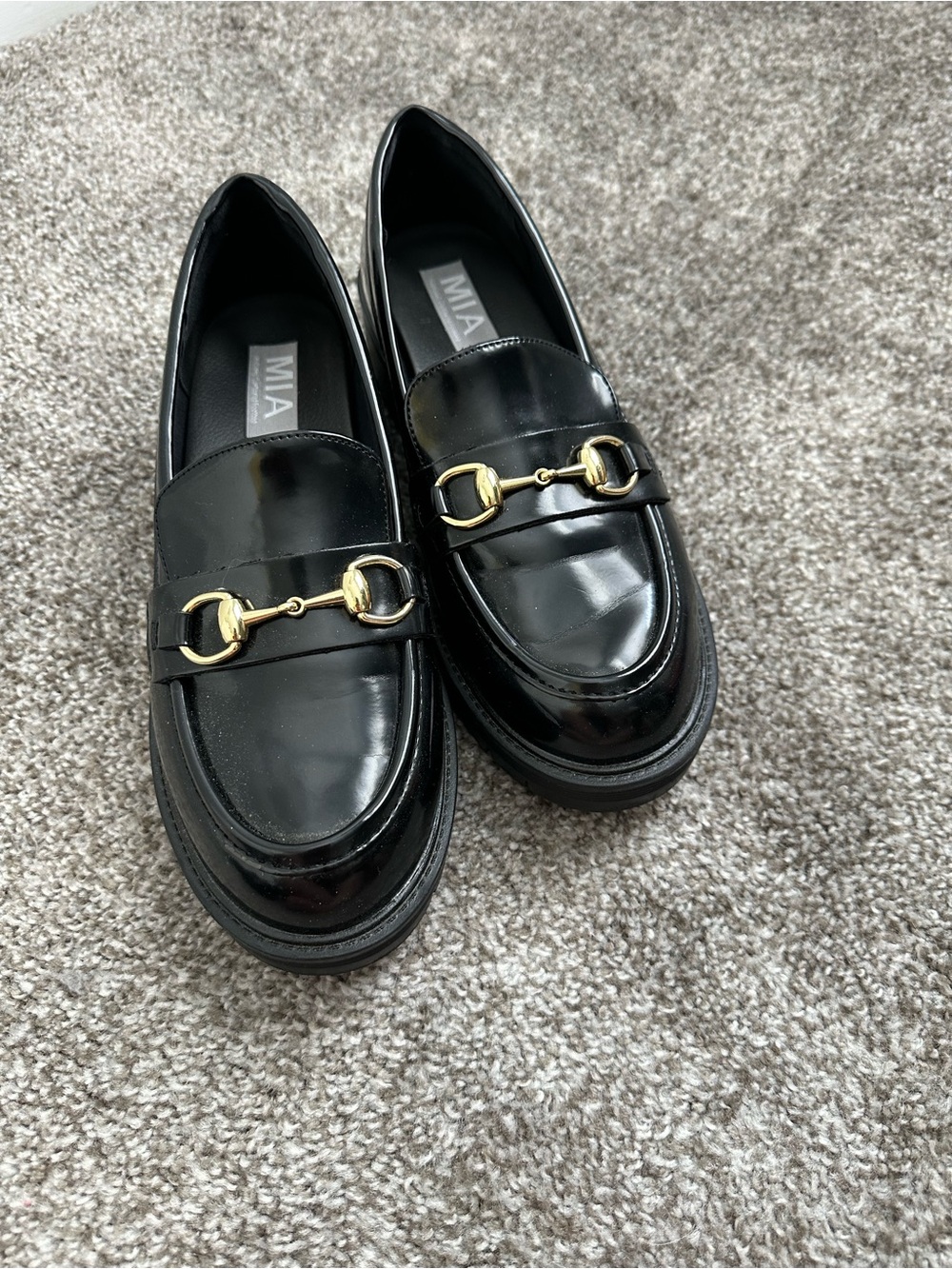 MIA Black Patent Loafers with Gold Bit Detail